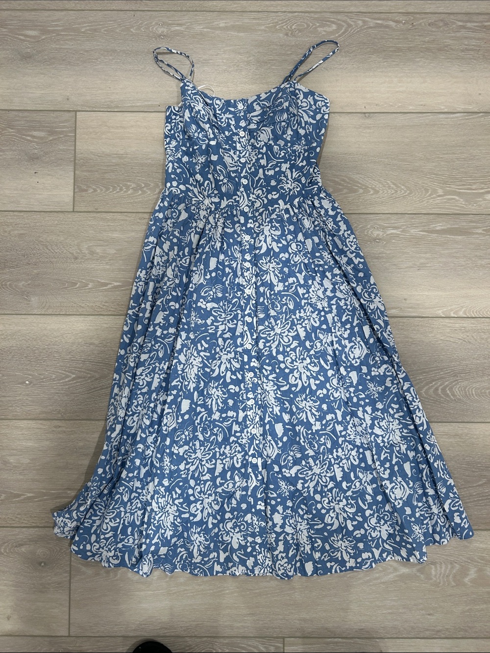 Woman Blue Floral Sundress with Spaghetti Straps